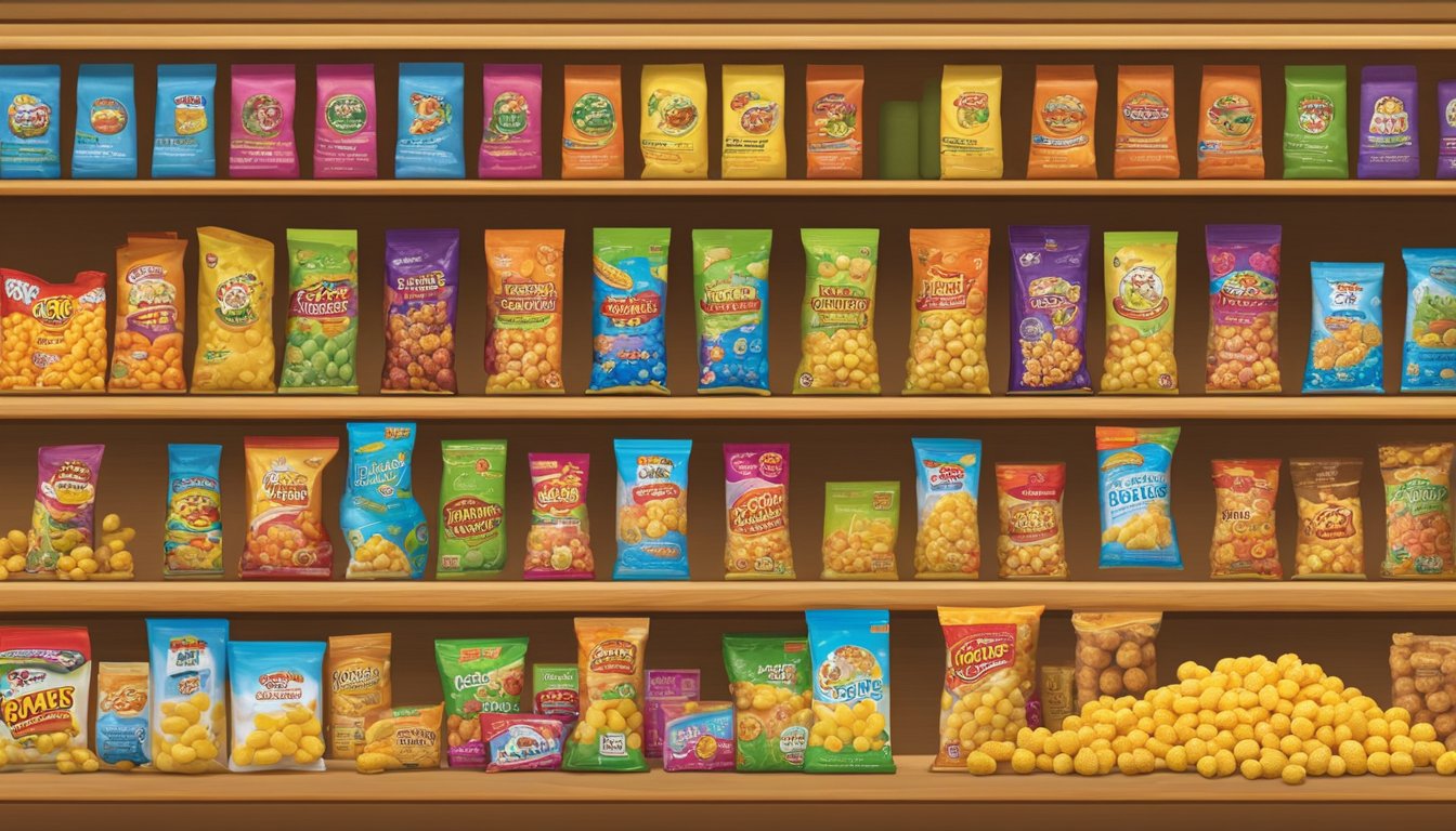 A colorful display of Buc-ee's Corn Puffs and other novelty products arranged on a shelf, ready to be given as gag gifts