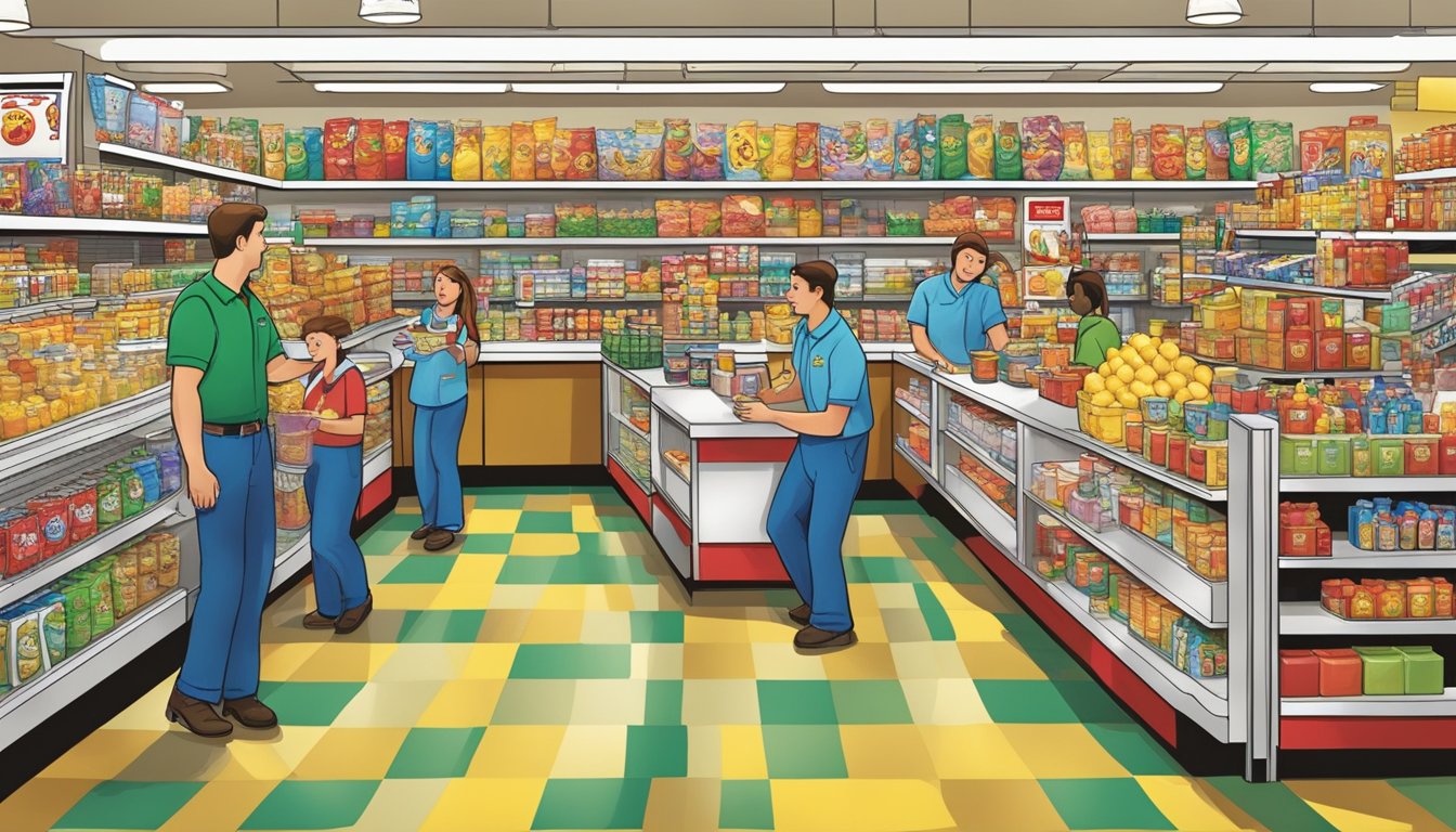 A bustling Buc-ee's store with employees engaging in various tasks, from restocking shelves to assisting customers with smiles on their faces