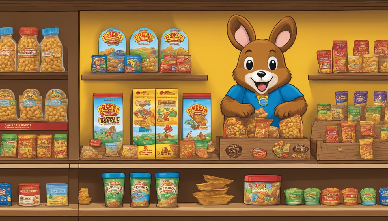 A display of Buc-ee's Peanut Brittle and other novelty products arranged on a shelf, with colorful packaging and humorous labels