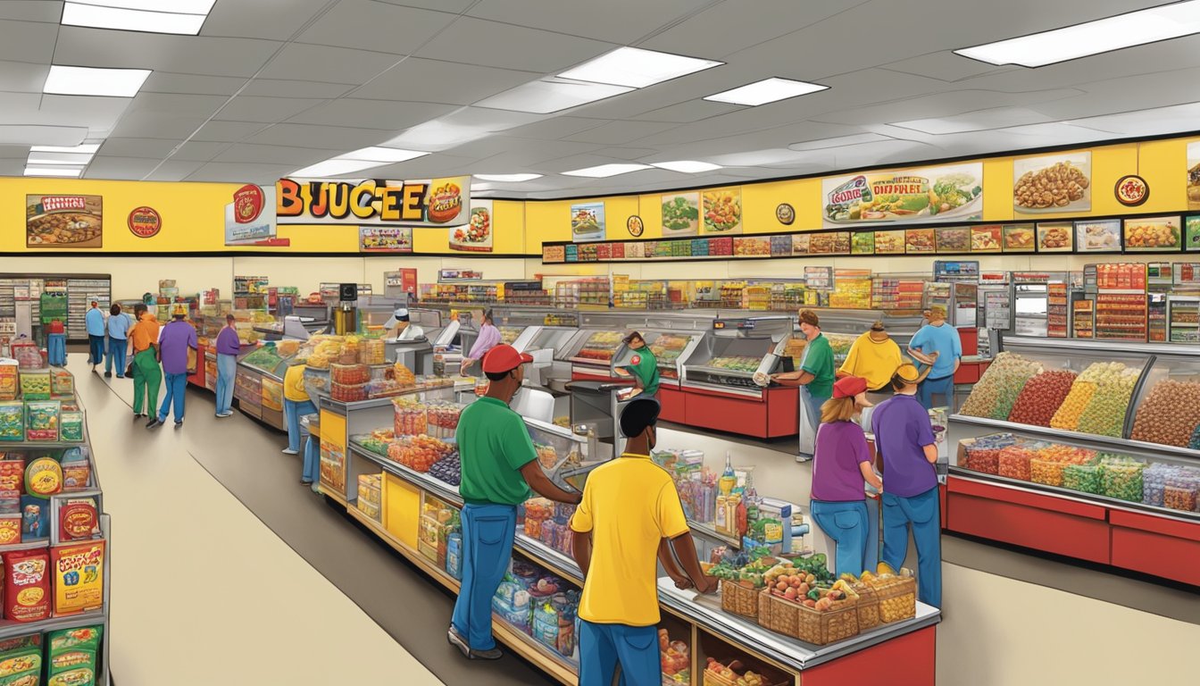 A busy Buc-ee's location with employees working in various departments, from the fuel pumps to the merchandise area, all showcasing enthusiasm and dedication to their jobs