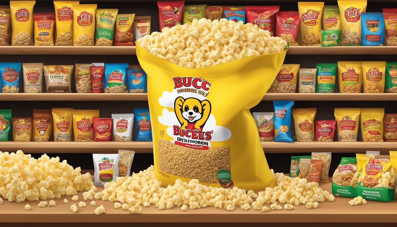 A bag of Buc-ee's White Cheddar Popcorn surrounded by other quirky Buc-ee's products, arranged in a playful and eye-catching display