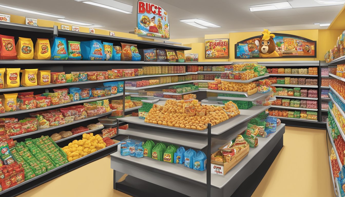 A colorful display of Buc-ee's products, including snacks, apparel, and novelty items, arranged on shelves and tables in a bustling store