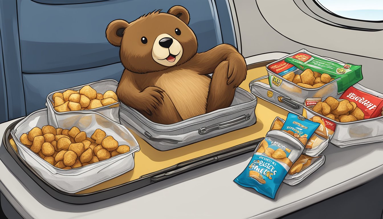 A pile of Beaver Nuggets, Buc-ee's snacks, and a carry-on bag on a tray table in an airplane seat