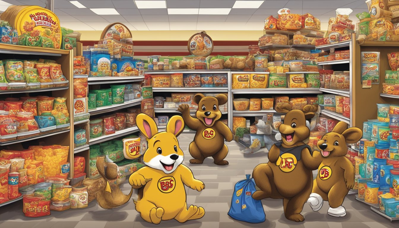 A display of Buc-ee's products arranged in a comical manner, with oversized or novelty items, surrounded by laughter and amusement