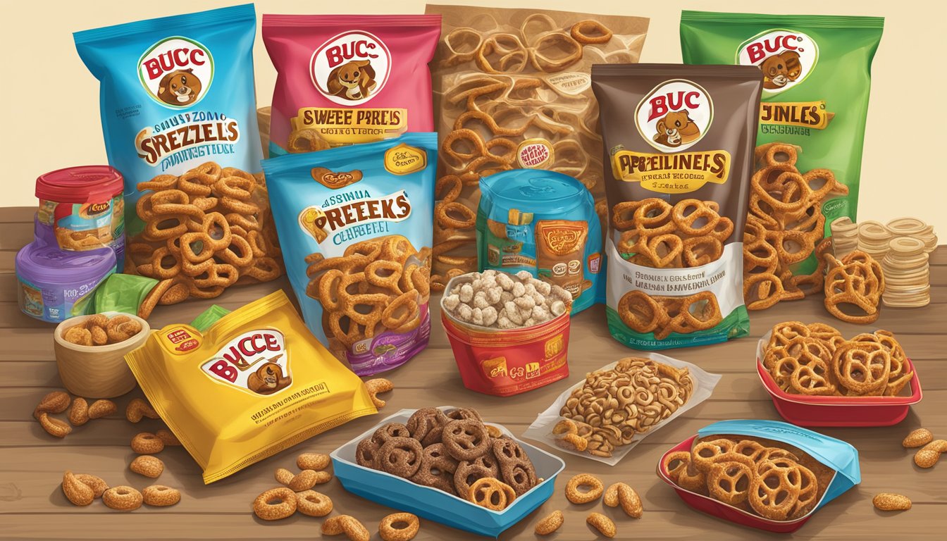 A display of Buc-ee's Cinnamon Sweet Pretzels surrounded by other snacks, ready to be packed for a long flight