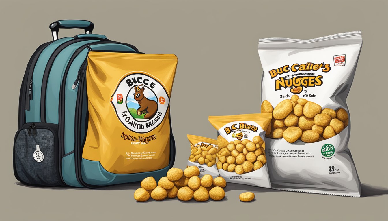 A bag of Buc-ee's Salted Corn Nuggets sits next to a neatly packed carry-on bag, ready for a long flight