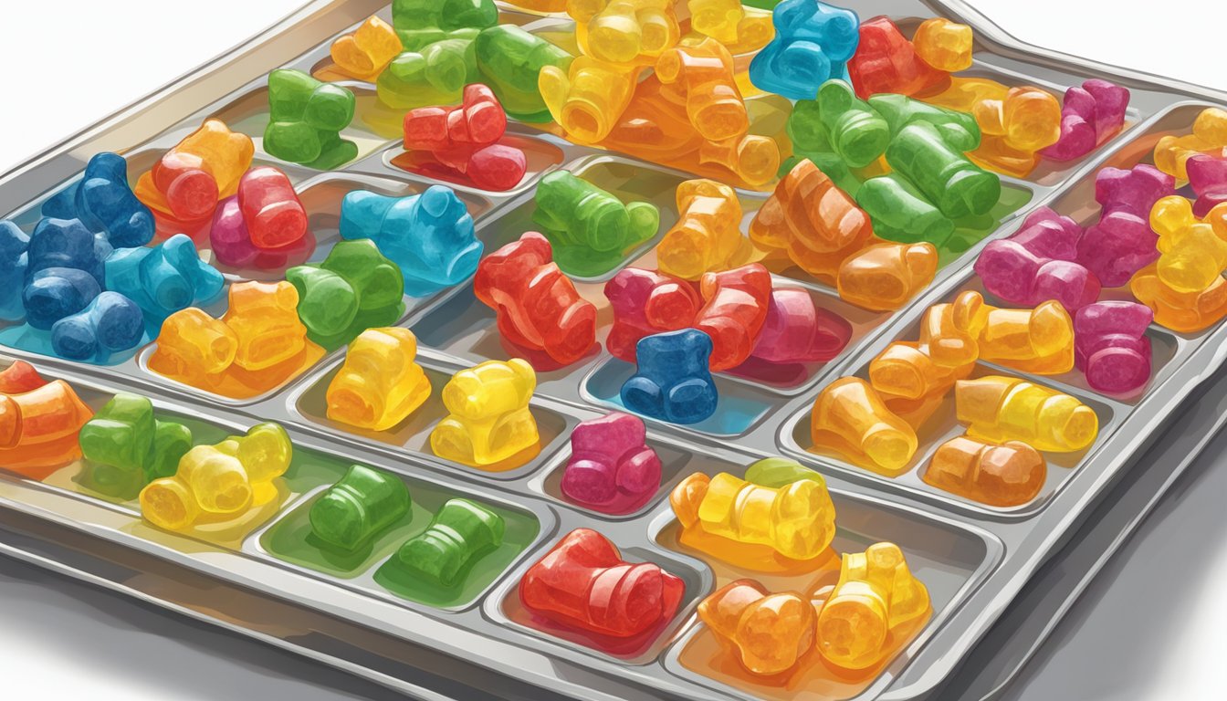 A colorful display of Buc-ee's gummy bears and snacks arranged on a tray, ready to be packed for a long flight