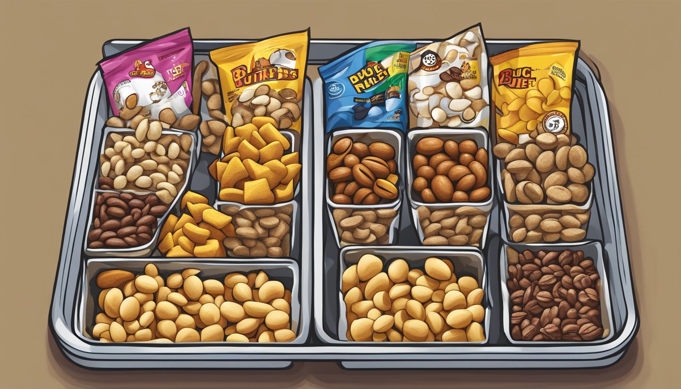 A variety of Buc-ee's snacks arranged on a tray, including trail mix, ready to be packed for a long flight