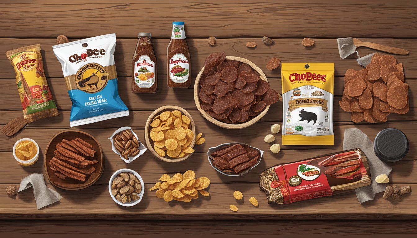 A display of ChopLocal Buc-ee's Jerky and other regiftable items arranged on a rustic wooden table