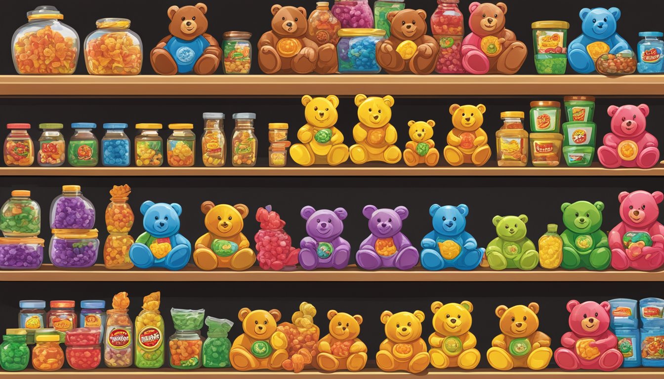 A colorful display of Buc-ee's Gummi Bears and various items arranged on a shelf, ready for regifting