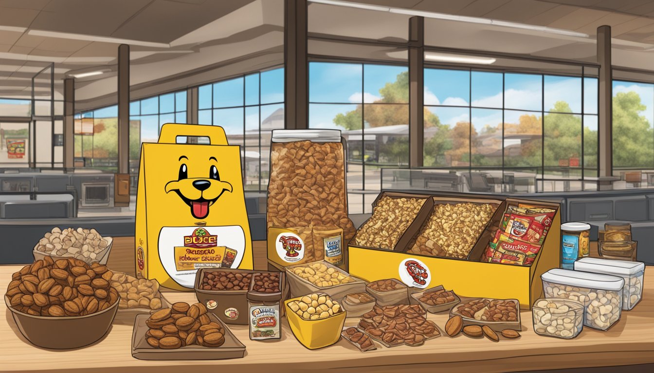 A display of Buc-ee's Pecan Pralines and other snacks arranged on a table, ready to be packed for a long flight