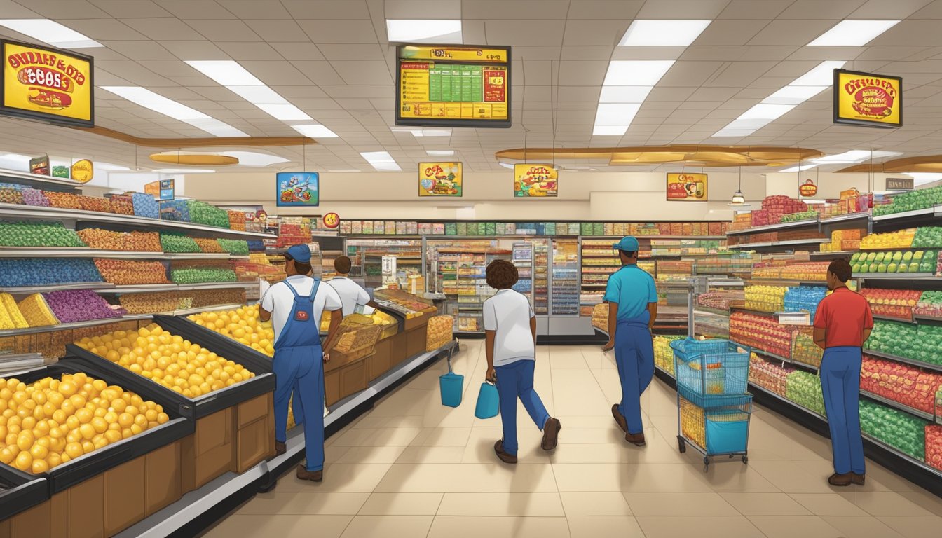 Buc-ee's employees working in a clean, well-organized store, with bright lighting, and safety signs prominently displayed