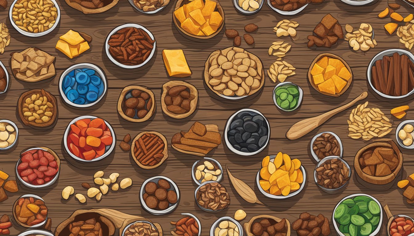 A colorful assortment of Buc-ee's trail mix, beef jerky, and other snacks arranged on a rustic wooden table, ready for regifting