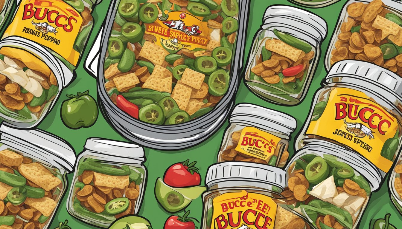 A jar of Buc-ee's Sweet & Spicy Jalapeño Jelly surrounded by 10 Buc-ee's snacks, ready to be packed for a long flight