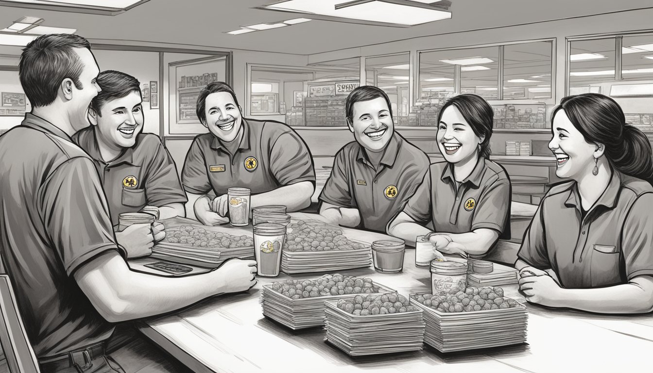 Buc-ee's employees gathered around a table, sharing stories and laughter. A sense of camaraderie and pride in their work is evident in their expressions