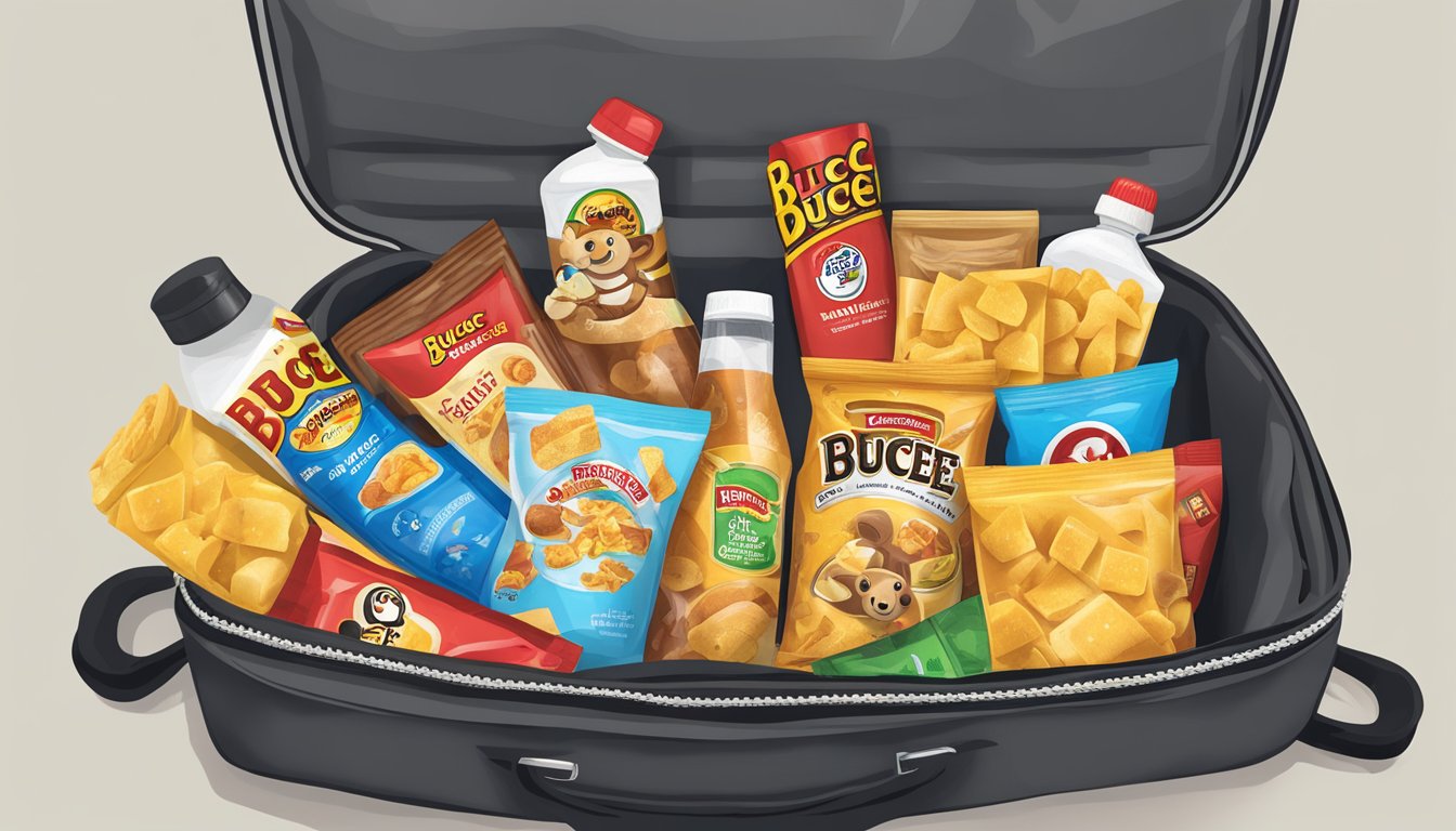 A variety of Buc-ee's snacks arranged in a carry-on bag with a water bottle, ready for a long flight