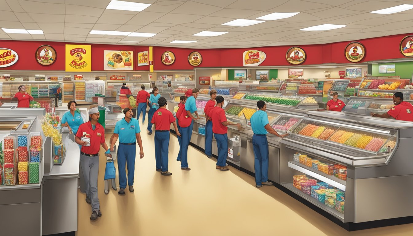 A bustling Buc-ee's store with employees serving customers, maintaining a clean environment, and displaying pride in their work