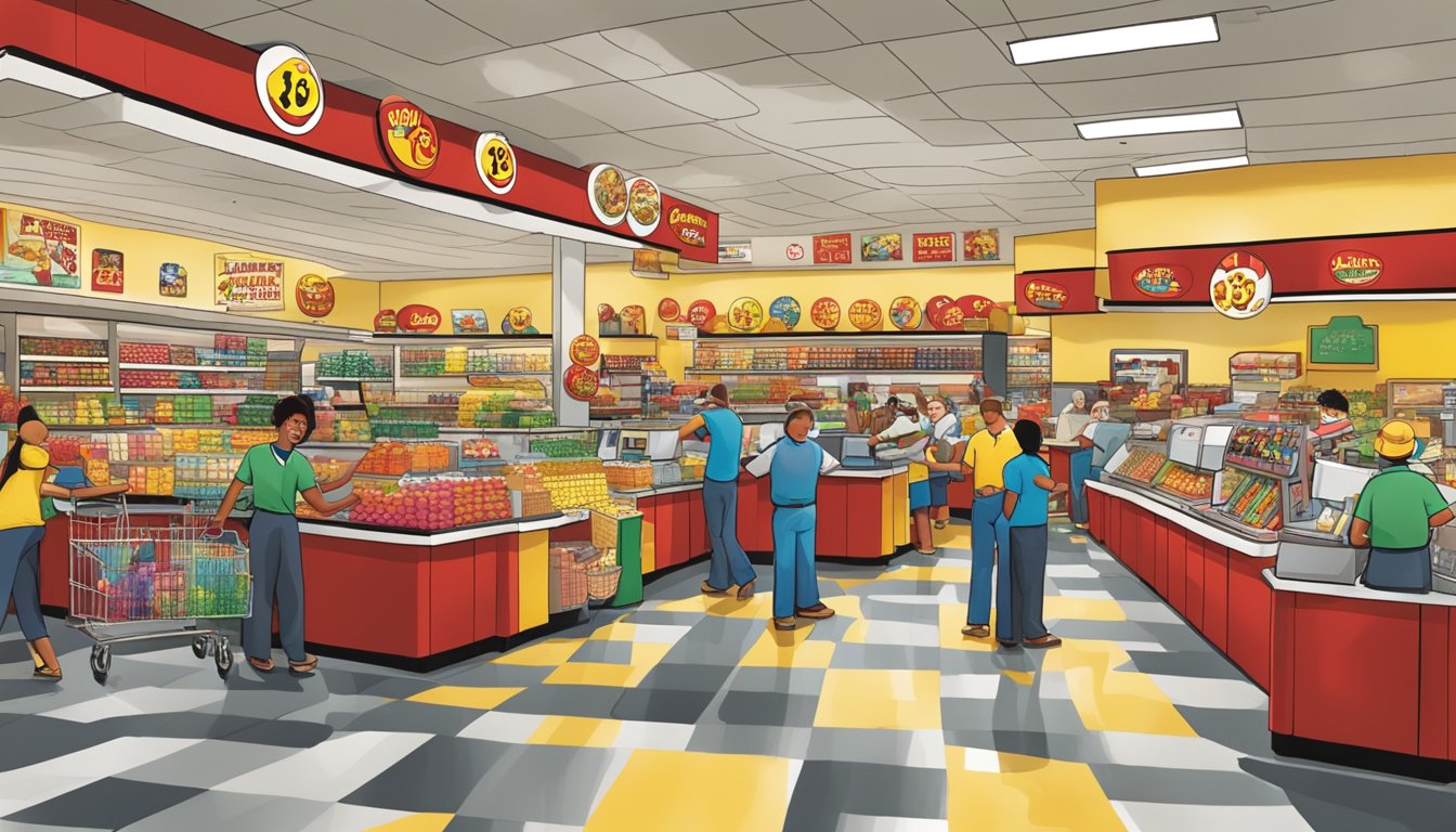 A bustling Buc-ee's store filled with smiling employees assisting customers and maintaining a clean, welcoming environment