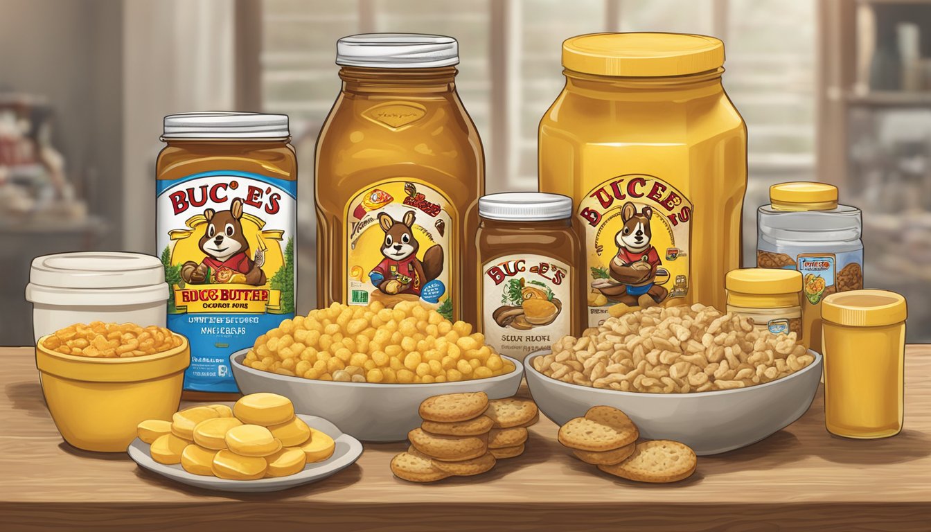 A jar of Buc-ee's Honey Butter surrounded by other Buc-ee's items, such as snacks and merchandise, arranged neatly on a table for regifting