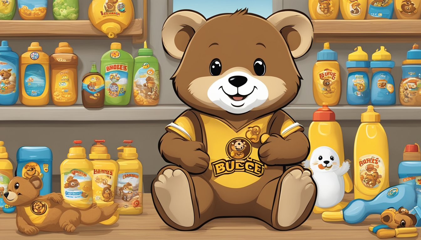 A cute baby onesie featuring Buc-ee's beaver mascot surrounded by various Buc-ee's baby products, such as bibs, bottles, and plush toys