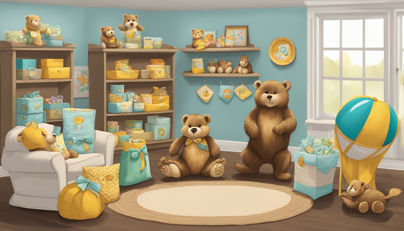 A cozy nursery with shelves filled with adorable Buc-ee's plush beavers and other baby shower gifts