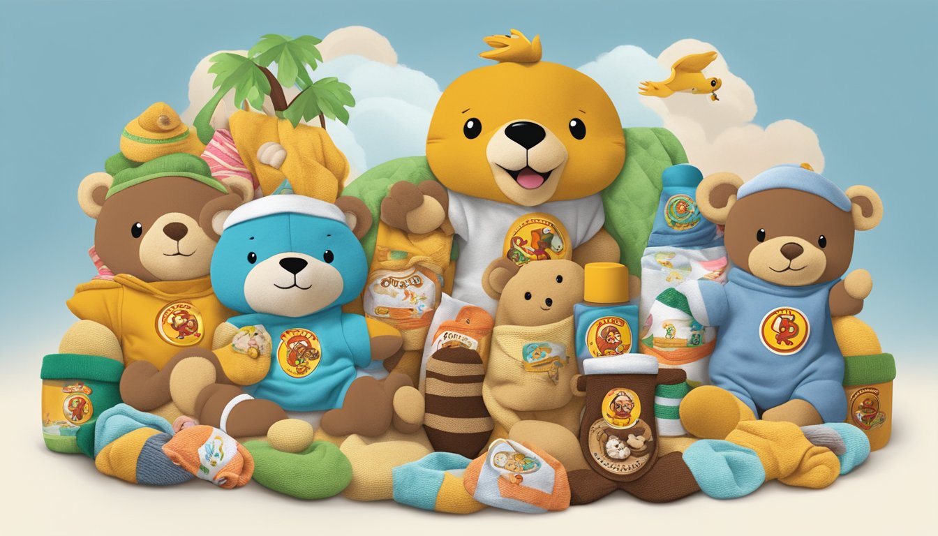 A cozy baby blanket with the iconic Buc-ee's beaver logo, surrounded by other Buc-ee's baby products like onesies, bibs, and plush toys