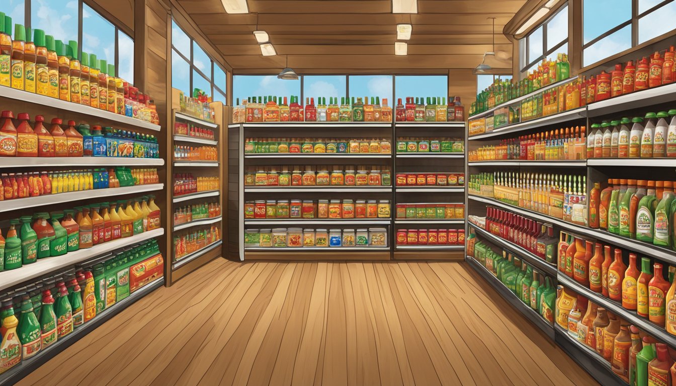 A display of various hot sauce bottles in a Buc-ee's store, with shelves filled with a wide selection of spicy condiments