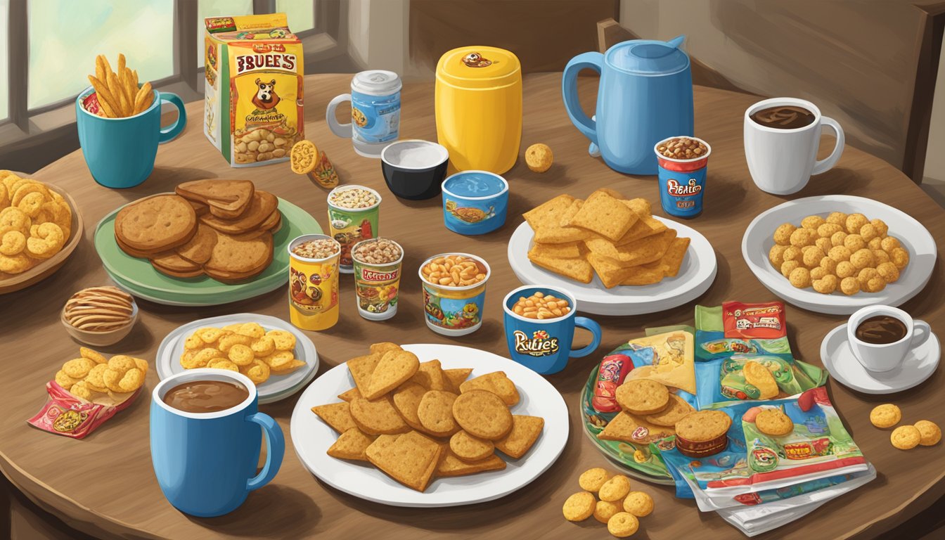 A table with a Buc-ee's mug surrounded by 15 Buc-ee's items, such as snacks, souvenirs, and travel accessories, arranged for regifting