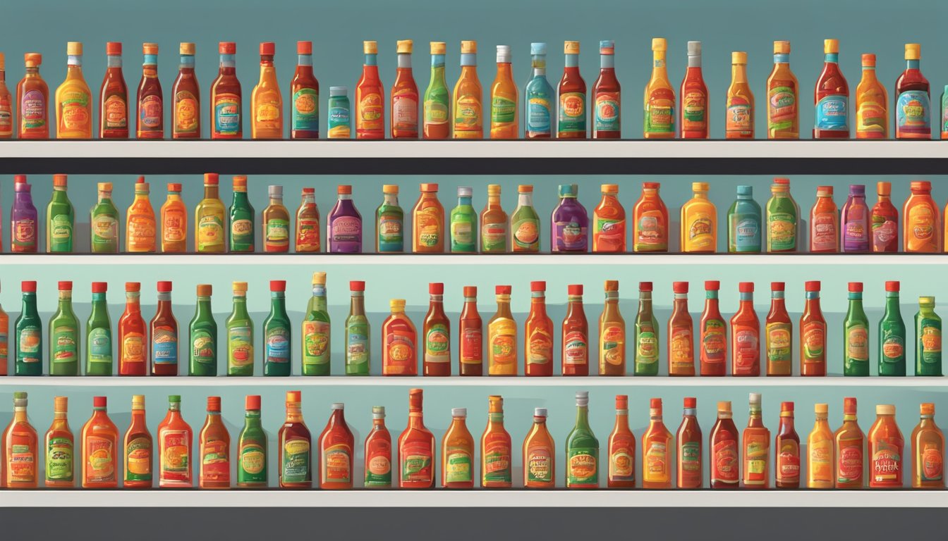 A row of shelves lined with colorful bottles of hot sauce, each labeled with different flavors and heat levels, filling the entire section of the store