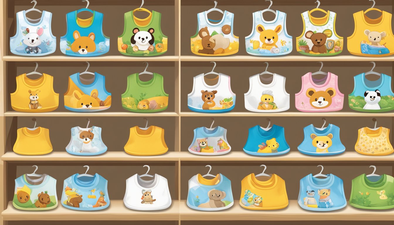 A colorful display of Buc-ee's infant bibs and other baby products arranged on a shelf, with cute animal and Texas-themed designs