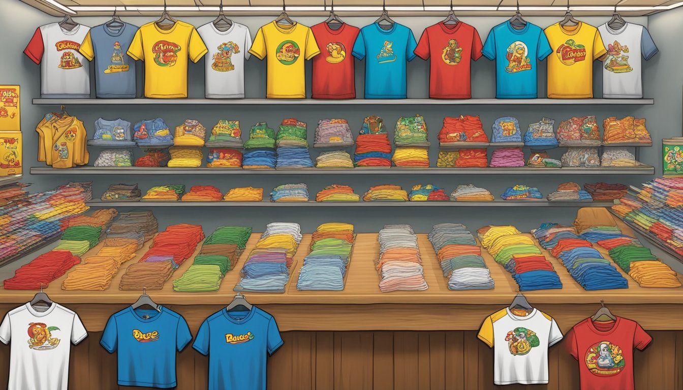 A colorful display of Buc-ee's T-shirts and various regiftable items arranged on a table or shelf in a store setting