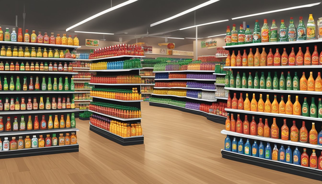 Shelves lined with rows of colorful hot sauce bottles in a spacious store. Bright lighting highlights the extensive selection at 8 Buc-ee's locations in Katy, TX