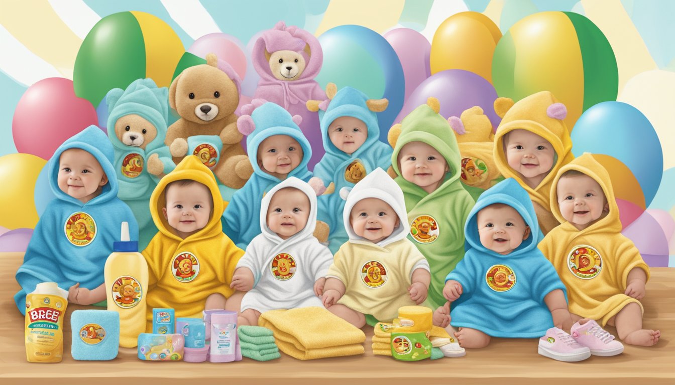 A colorful Buc-ee's hooded towel surrounded by 12 Buc-ee's baby products arranged as baby shower gifts