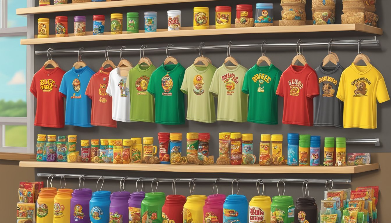 A colorful display of Buc-ee's keychains arranged on a shelf, surrounded by various Buc-ee's items like mugs, t-shirts, and snacks