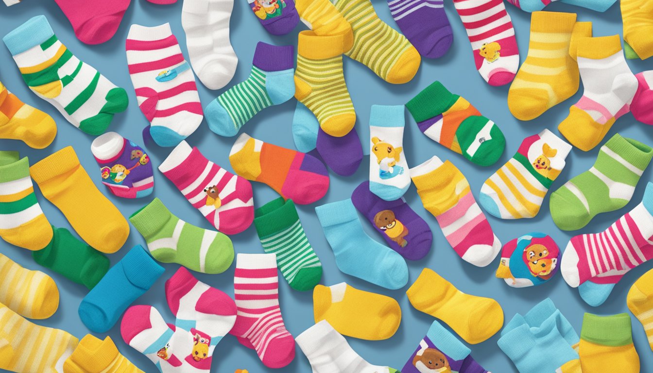 A pile of colorful Buc-ee's baby socks arranged in a circle with other baby products in the background