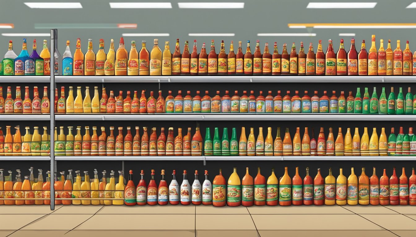 Shelves lined with rows of colorful hot sauce bottles at 8 Buc-ee's locations in Waller, TX