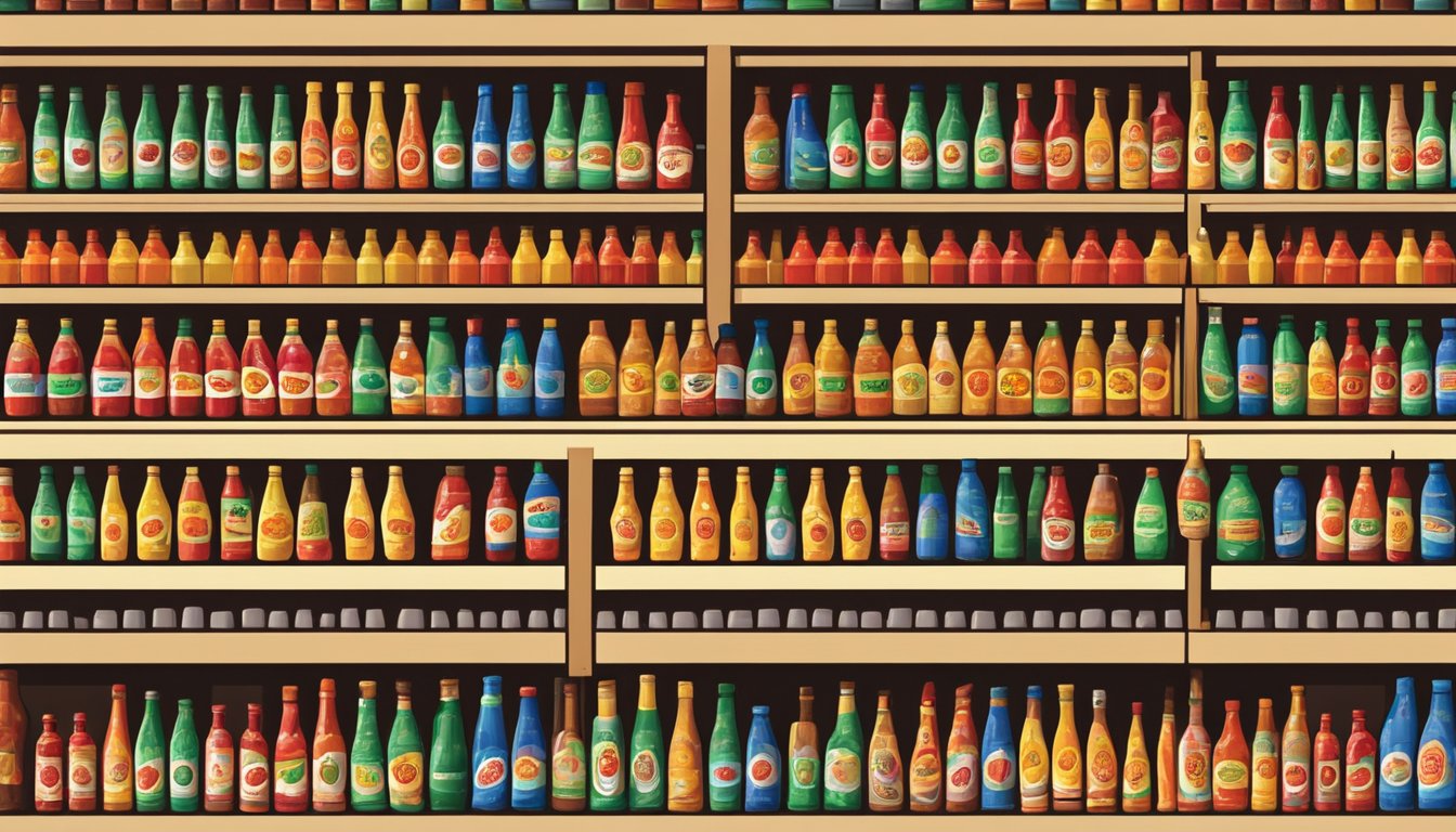 A shelf lined with rows of colorful hot sauce bottles at a bustling Buc-ee's location in Fort Worth, Texas