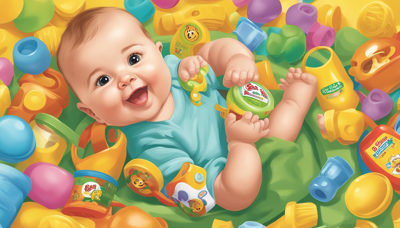 A happy baby chewing on a Buc-ee's teething ring surrounded by other Buc-ee's baby products, with a cheerful and colorful background