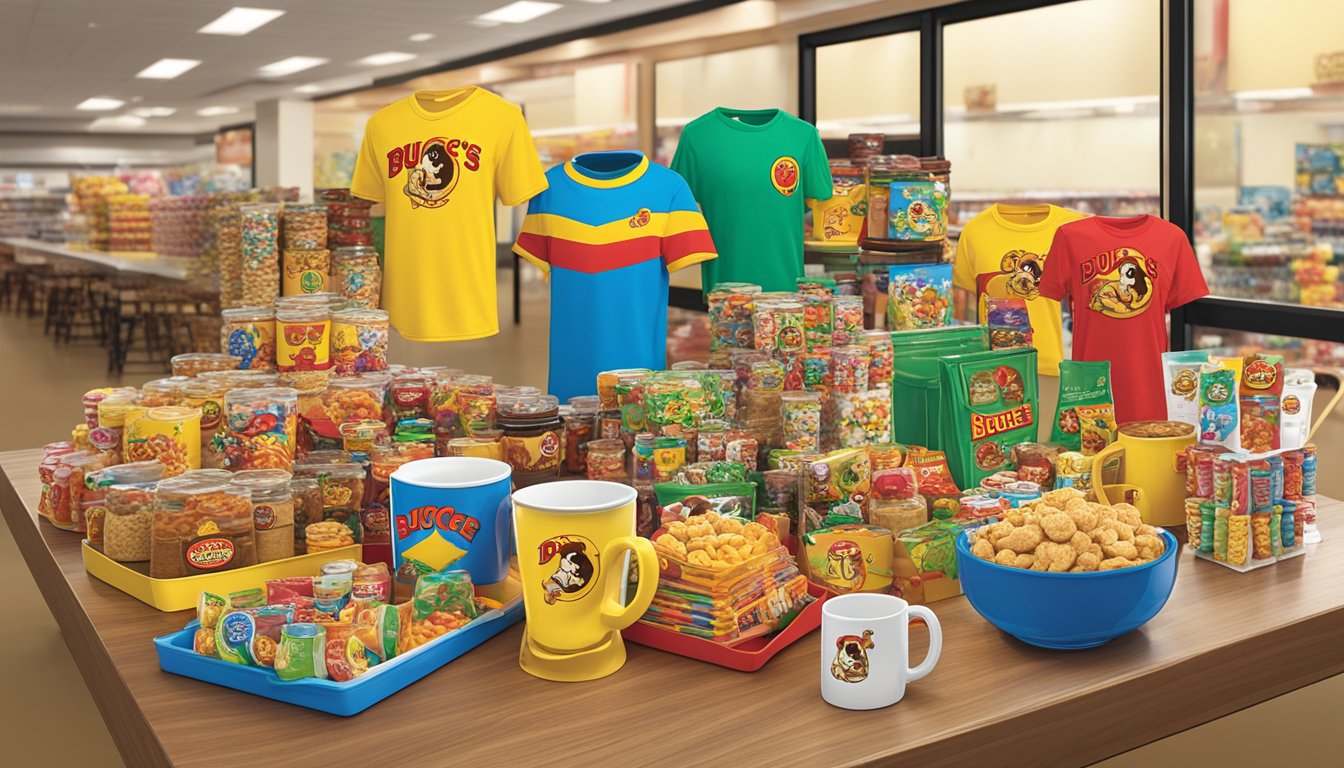 A colorful display of Buc-ee's merchandise arranged on a table, including mugs, keychains, and snacks, ready for regifting