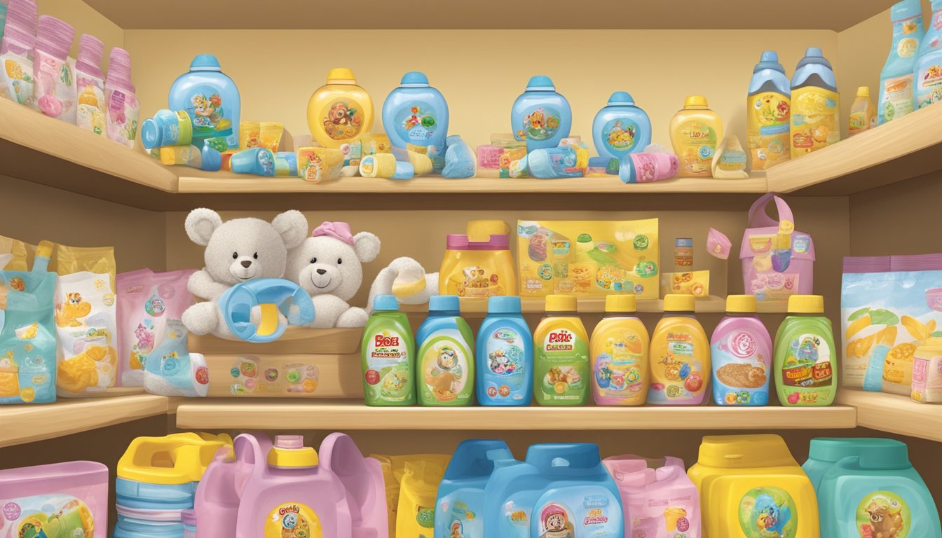 A colorful display of Buc-ee's baby products arranged on a shelf, including a rattle set and other items for a baby shower