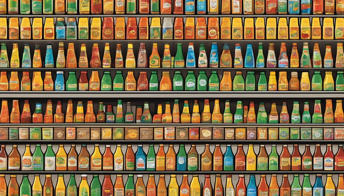 A display shelf filled with rows of colorful hot sauce bottles at a Buc-ee's store in Madisonville, TX