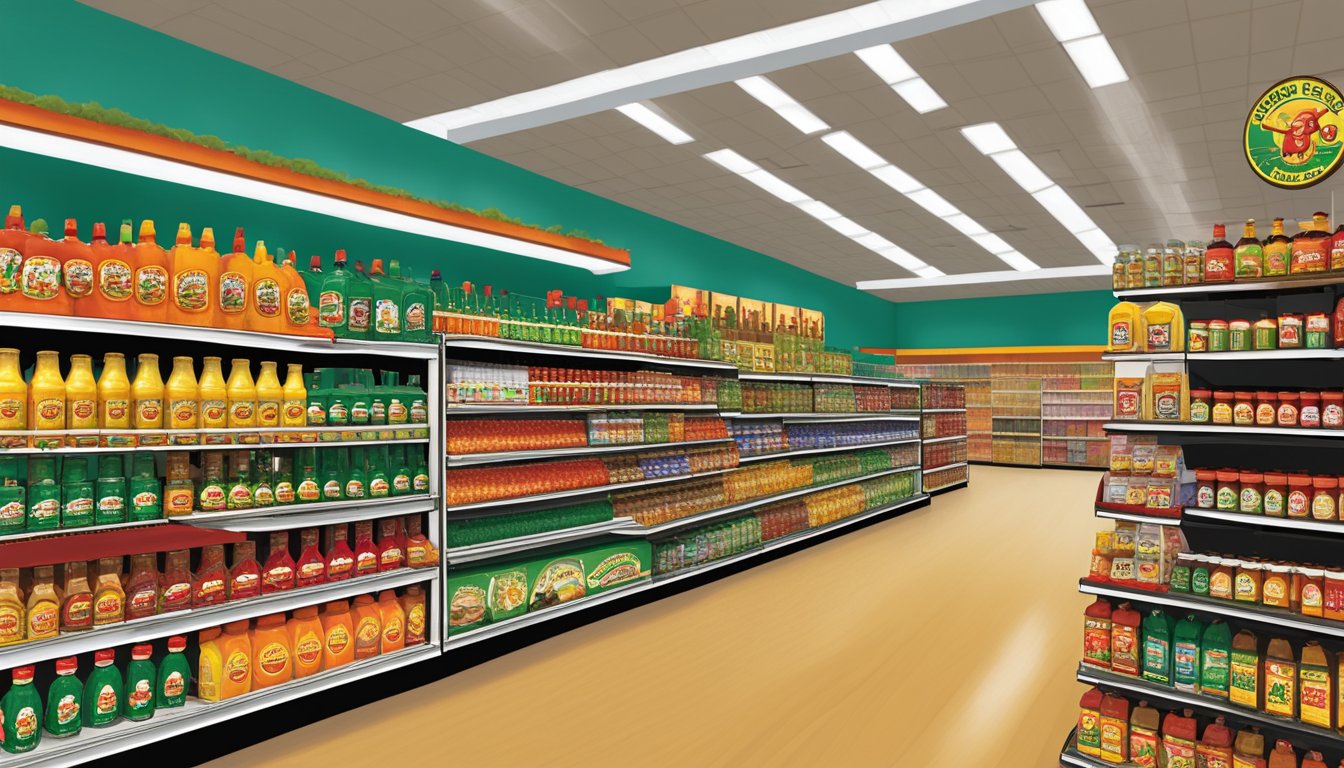 Eight Buc-ee's locations in Bastrop, TX display a wide array of hot sauces on shelves and racks, creating a vibrant and colorful scene