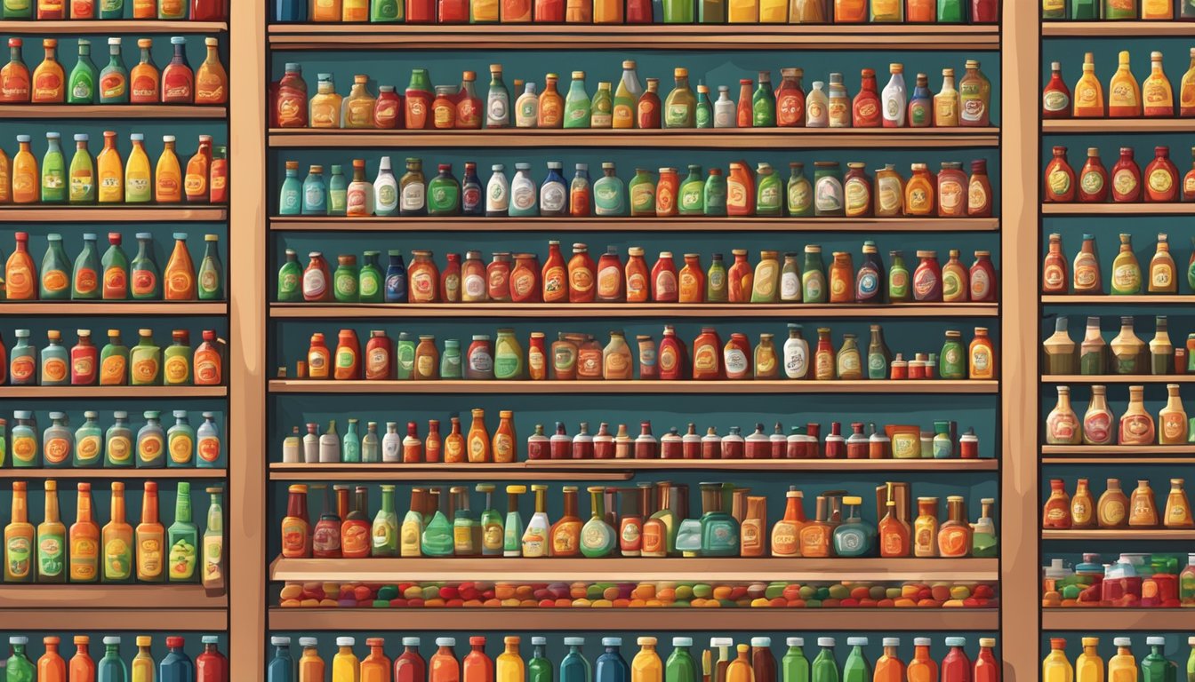 Shelves filled with rows of colorful hot sauce bottles in a spacious store