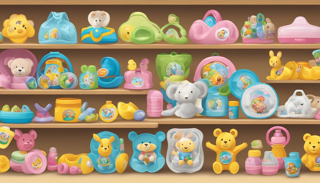 A cheerful baby pacifier holder surrounded by various Buc-ee's baby products, including toys, clothing, and accessories, displayed on a colorful shelf