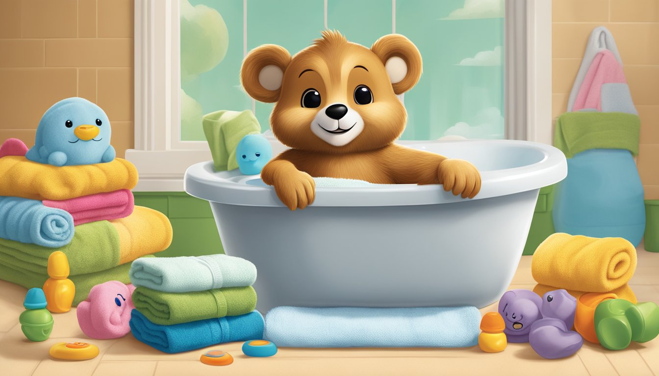 A cozy, colorful baby bath set featuring Buc-ee's iconic beaver mascot on various products, including towels, washcloths, and bath toys