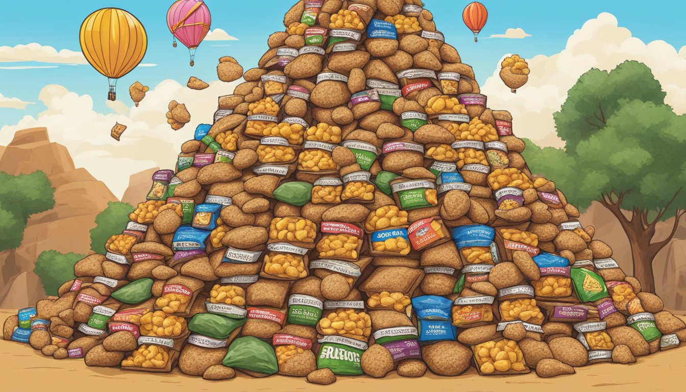 A pile of Beaver Nuggets arranged in a pyramid, with various other Buc-ee's snacks scattered around, all labeled with their respective saltiness rankings