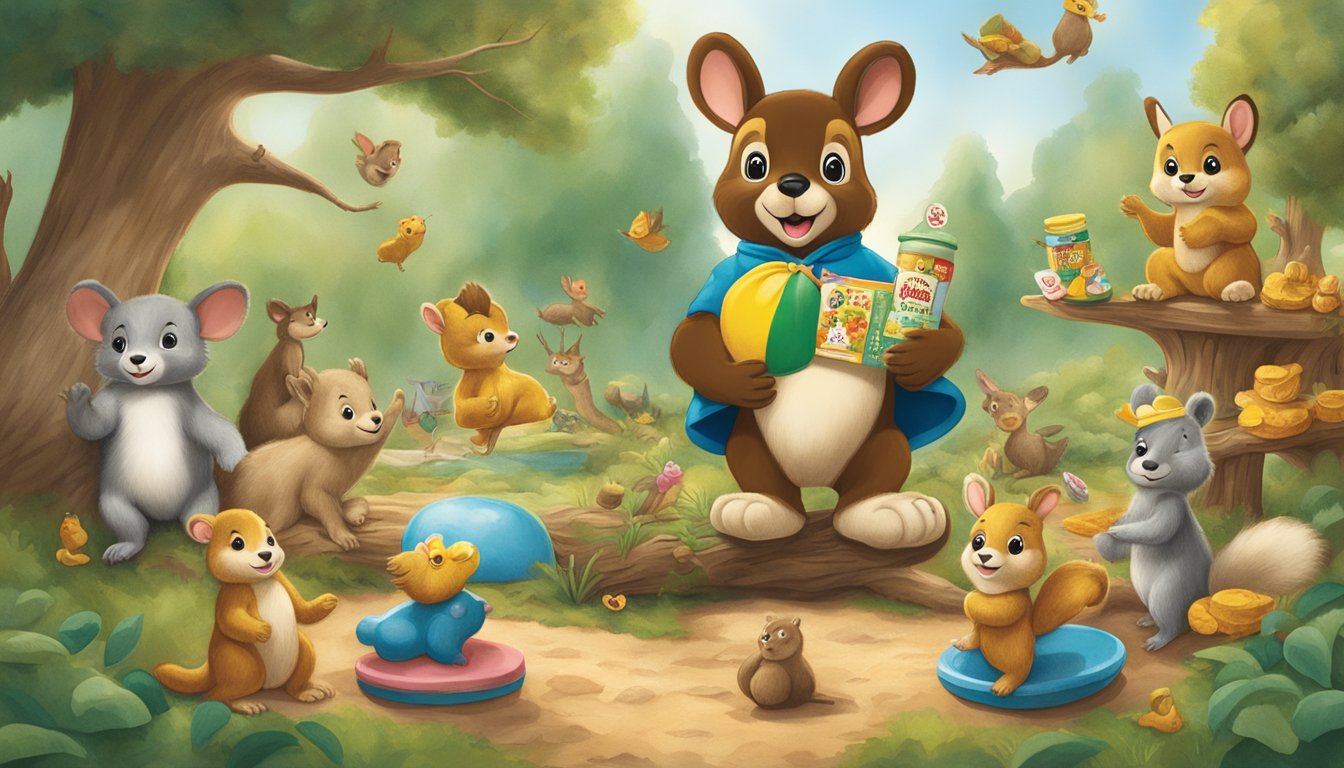 A whimsical display of Buc-ee's baby products arranged in a storybook setting, surrounded by playful woodland creatures and colorful illustrations