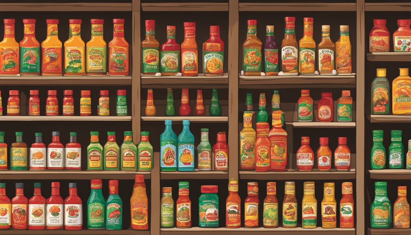 A display of various hot sauces arranged on shelves in a Buc-ee's store, with labels indicating different flavors and spice levels