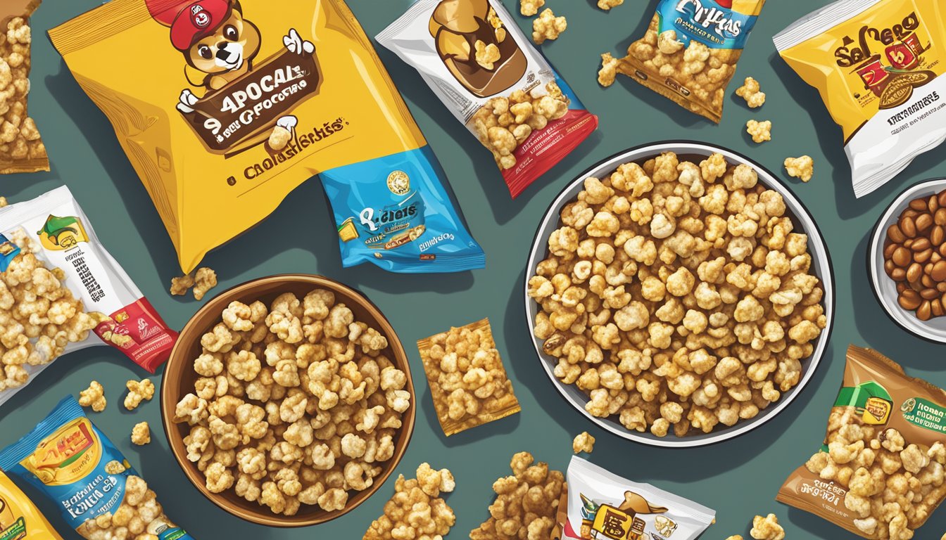 A bowl of sea salt caramel popcorn surrounded by various Buc-ee's snack packages, ranked by saltiness