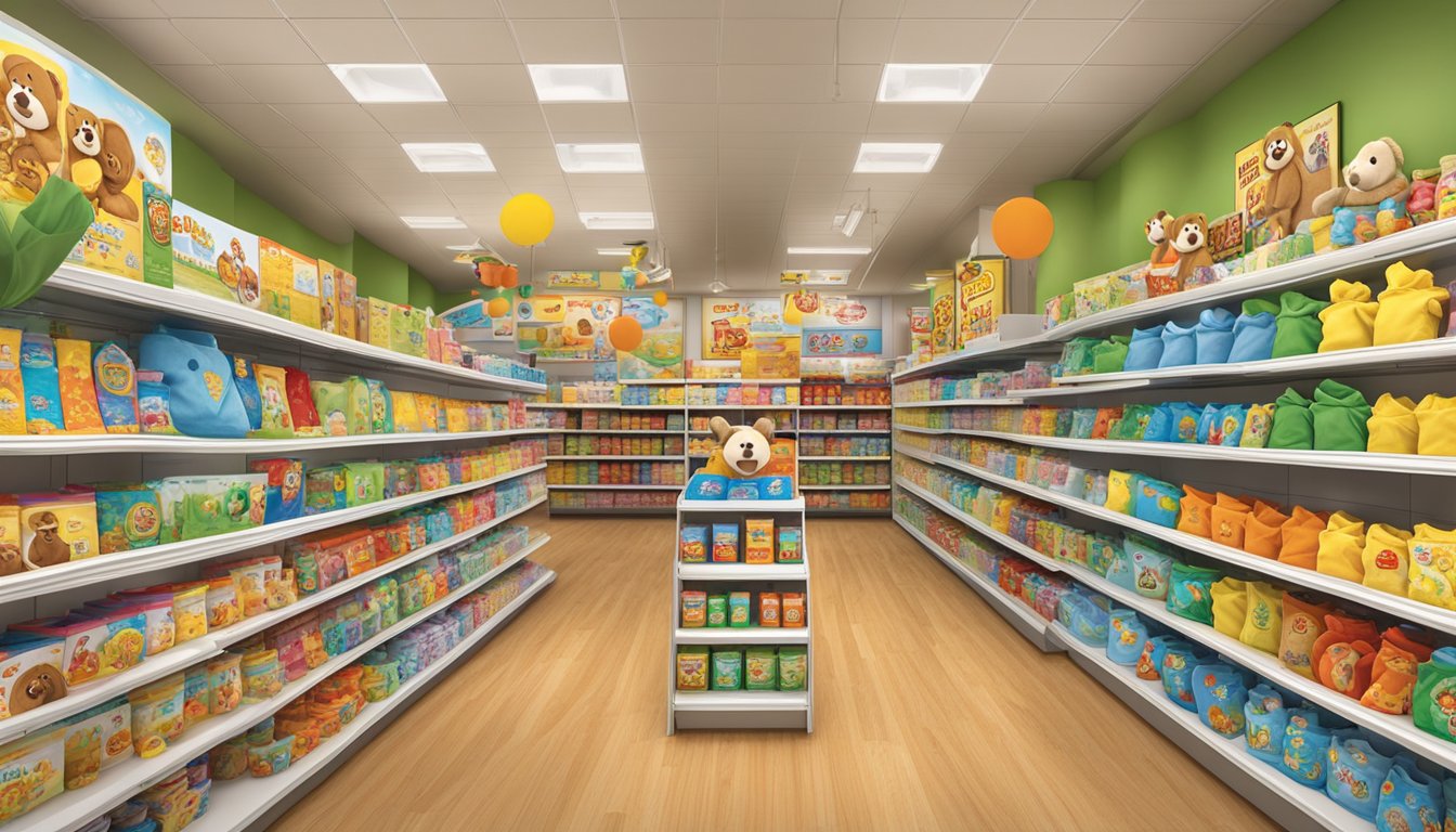 A colorful display of Buc-ee's baby products arranged on shelves, including onesies, bibs, and plush toys, with the iconic beaver mascot featured prominently